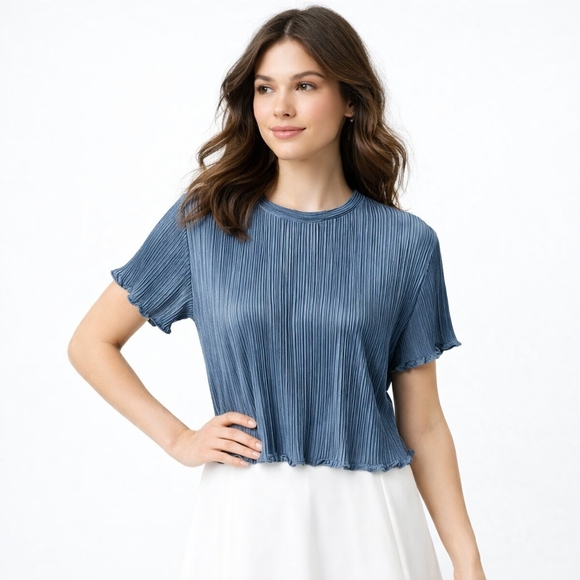 Marc New York S/M Steel Blue Micro Pleated Short Sleeve Subtle Sheen Top - Picture 6 of 12